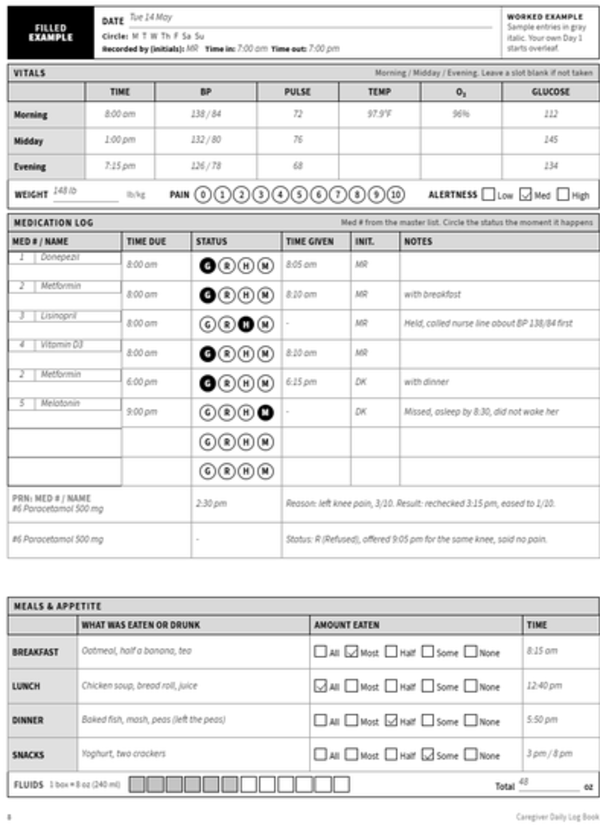 Filled example left page: medication, vitals, meals and fluids