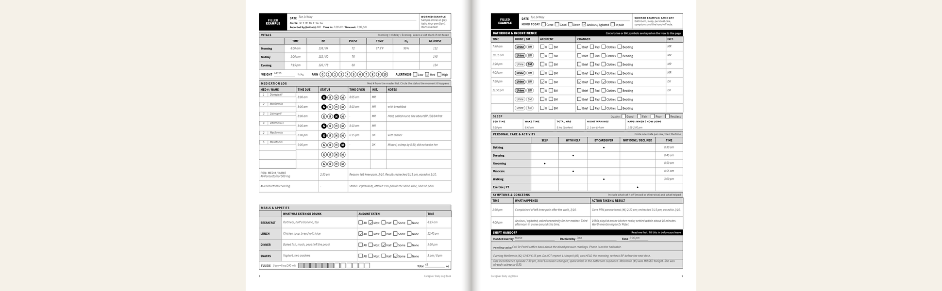 Filled example of the two-page daily care log spread